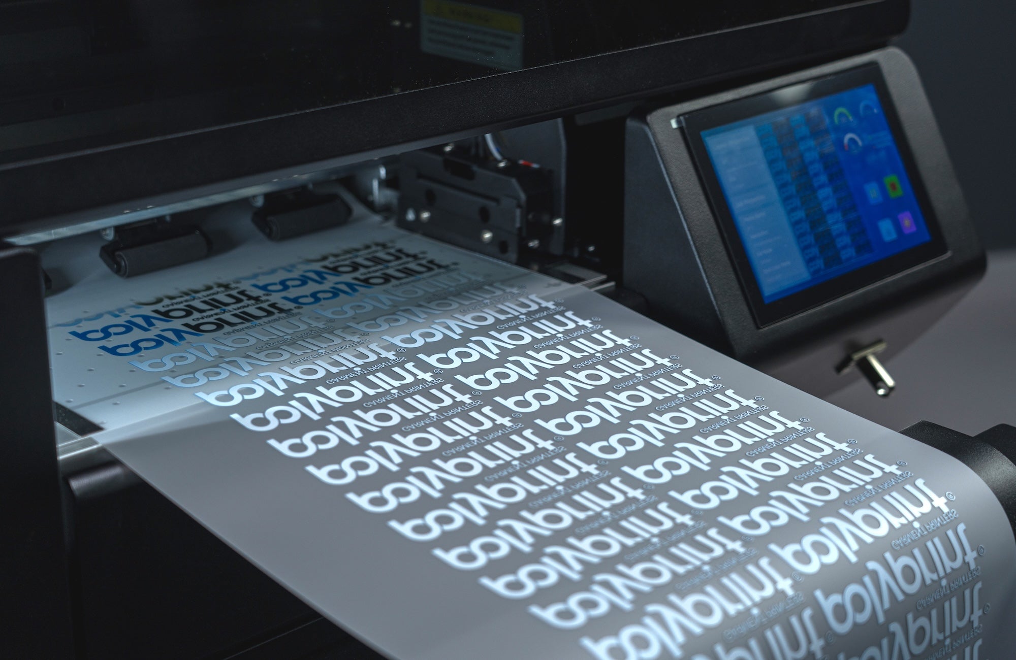 Filmjet Mini DTF printer printing Polyprint logos